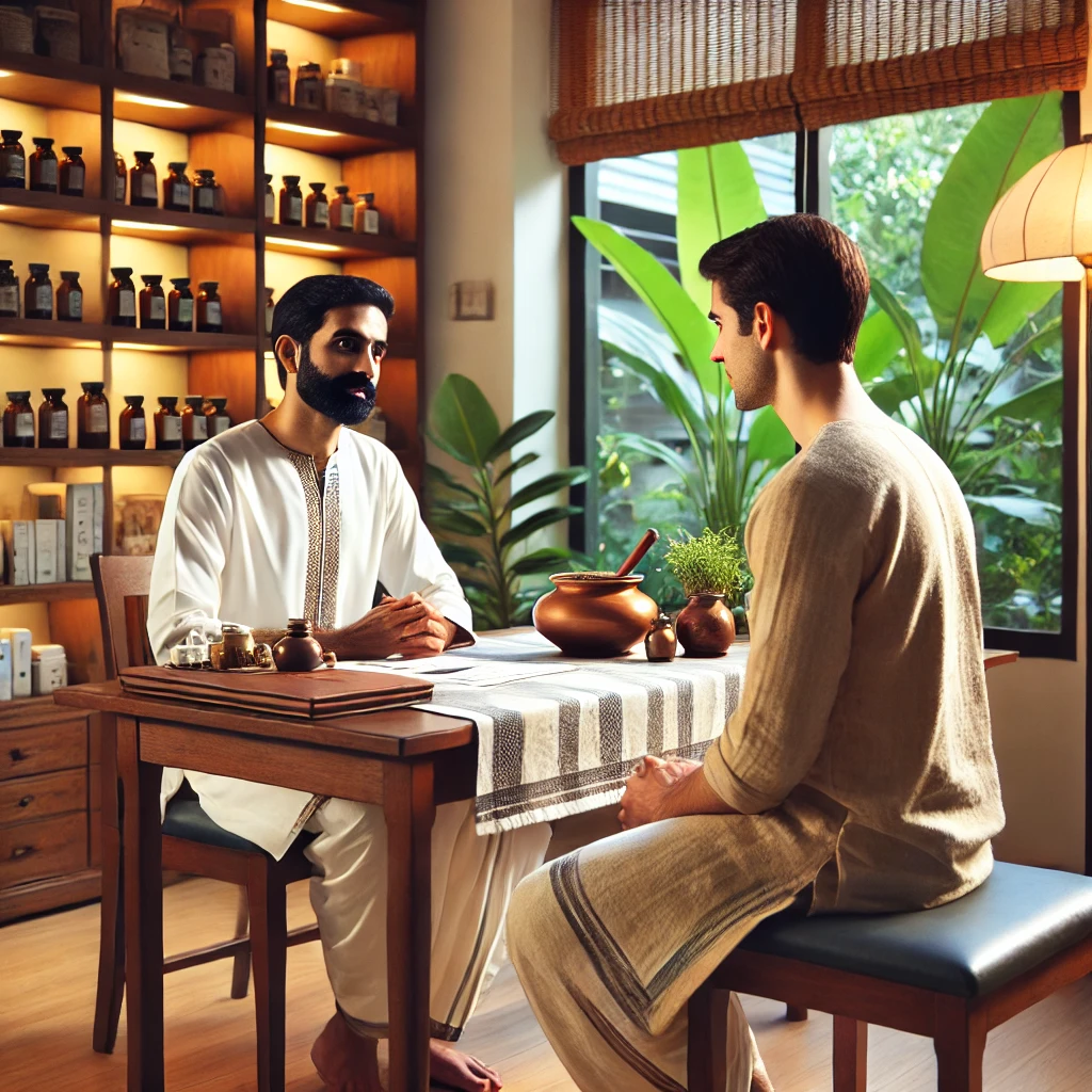 DALL·E 2025-02-27 15.32.07 - An Ayurvedic doctor consulting a patient in a calm and traditional clinic setting. The doctor is wearing traditional attire and attentively listening